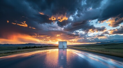 Poster - A truck on a reflective road under a dramatic sunset and stormy clouds.