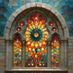 Wall Mural - Stone archway with vibrant stained-glass window.