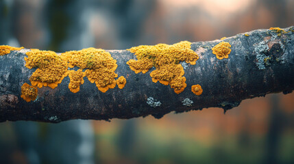 Wall Mural - Moss-covered tree branch in focus with blurred surroundings evoking natural chaos symbolizing resilience growth connection to nature amid disorder atmospheric and serene woodland aesthetic

