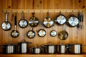 Shiny stainless steel cookware hanging on a wooden rack.  Perfect for cooking and kitchen organization.