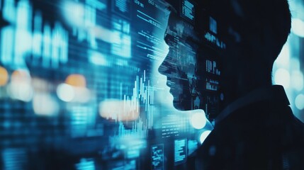 Fototapete - A silhouette of a person against a backdrop of digital data and analytics.