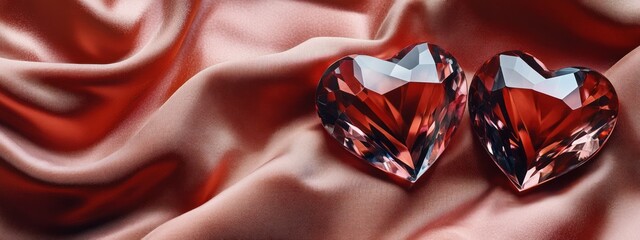 Leinwandbilder - Two sparkling heart-shaped crystals on a soft, flowing fabric background.