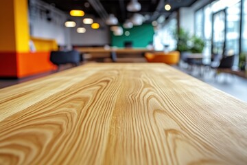 Aufkleber - A close-up view of a wooden table in a modern, vibrant office space.