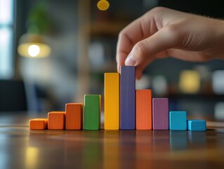 Fototapete - A hand adjusts colorful wooden blocks arranged in a bar graph on a wooden table.