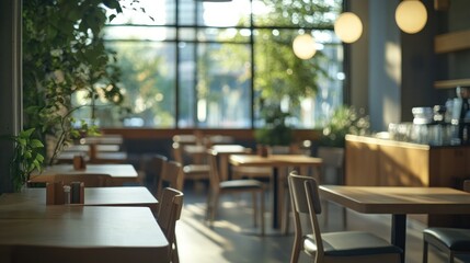 Poster - A cozy café interior with wooden tables, plants, and large windows letting in natural light.