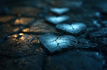 Poster - A series of cracked, stone-like hearts arranged on a textured surface, illuminated softly.