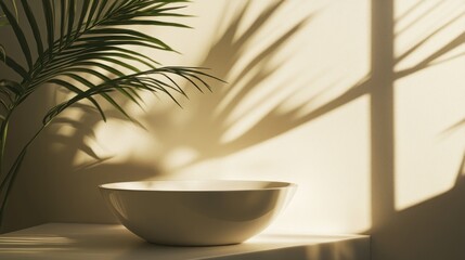 Fototapete - A serene bowl on a table with soft shadows from a palm leaf against a warm wall.