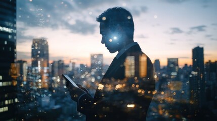 Fototapete - A silhouette of a man in a suit using a smartphone against a city skyline at dusk.