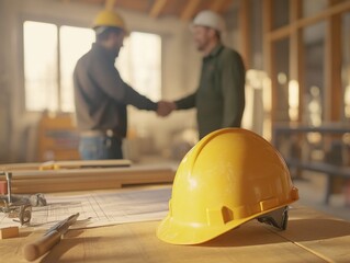 Aufkleber - Two construction workers shake hands with a yellow hard hat in the foreground.