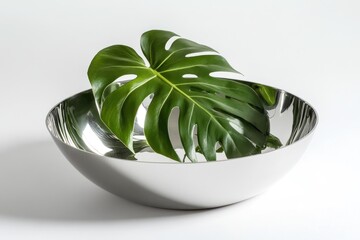 Fototapete - A shiny bowl with a large green leaf, showcasing minimalist design and natural elements.