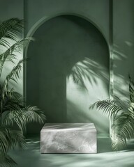 Aufkleber - A serene green interior with a marble pedestal and tropical plants casting shadows.