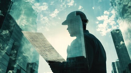 Aufkleber - A construction worker studying blueprints against a city skyline backdrop.