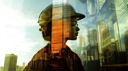 Poster - A silhouette of a person in a hard hat, overlaid with cityscape images.