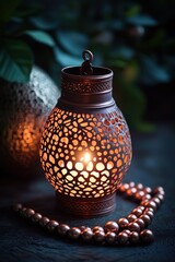 Poster - A decorative lantern casting warm light, surrounded by beads and foliage.