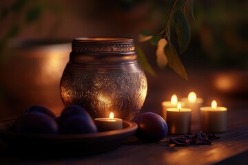 Poster - A serene arrangement of a decorative pot, candles, and plums, creating a calming atmosphere.