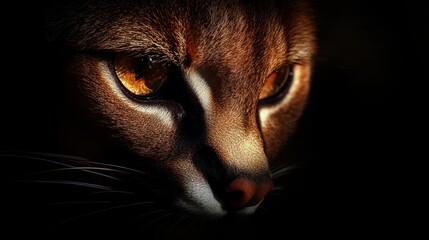Poster - Close-up of a cat's face with striking eyes and detailed fur against a dark background.