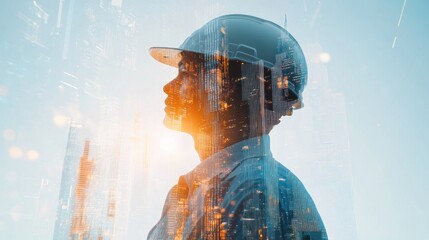 Poster - A silhouette of a worker in a hard hat against a cityscape, symbolizing industry and innovation.