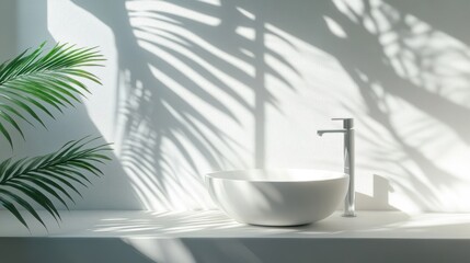 Aufkleber - A minimalist bathroom scene featuring a white bowl sink and palm shadows on a wall.