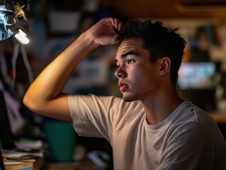 Poster - A young man sits thoughtfully in front of a computer, illuminated by a desk lamp.