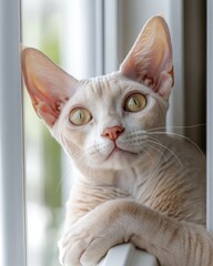 Poster - A close-up of a curious cat resting by a window, showcasing its expressive features.