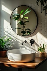 Poster - A serene bathroom scene featuring a round mirror, plants, and a stylish sink.
