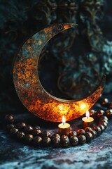 Poster - A decorative crescent moon with candles and beads, creating a serene atmosphere.