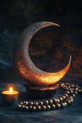 Poster - A serene composition featuring a crescent moon sculpture, a candle, and prayer beads.