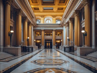 Poster - A grand interior space with tall columns, ornate ceilings, and polished marble floors.