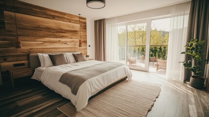 Aufkleber - Modern bedroom featuring a cozy bed, natural light, and a serene outdoor view.