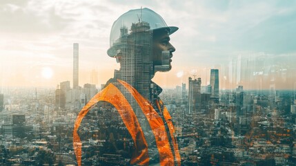 Poster - A construction worker in safety gear stands against a city skyline, symbolizing industry and progress.