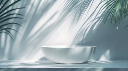 Poster - A minimalist white bowl on a table, surrounded by soft shadows from palm leaves.