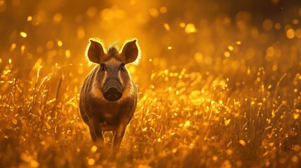 Poster - A wild boar stands illuminated in a golden field during sunset.