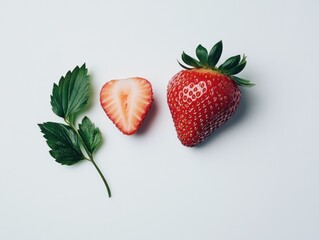 Wall Mural - A fresh strawberry with a leaf and a cut half, showcasing vibrant colors and textures.