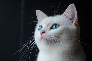Poster - A close-up of a white cat with striking blue eyes against a dark background.