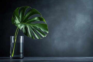 Aufkleber - A single large green leaf in a glass vase filled with water, set against a dark background.