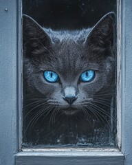 Poster - A close-up of a gray cat with striking blue eyes looking through a window.