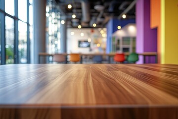 Aufkleber - A modern interior space with a wooden table and colorful chairs in a vibrant environment.