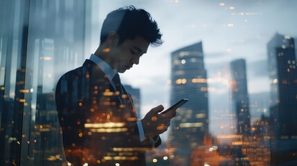 Fototapete - A businessman using a smartphone against a city skyline at dusk.