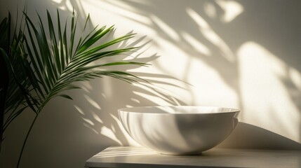 Poster - A minimalist scene featuring a white bowl and palm leaves casting shadows on a wall.