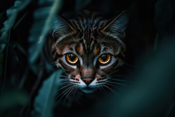 Poster - A close-up of a cat with striking eyes peering through dark foliage.
