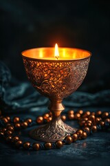 Poster - A decorative candle holder with a lit candle, surrounded by beads, creating a warm atmosphere.
