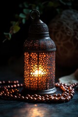 Aufkleber - A decorative lantern emits a warm glow, surrounded by wooden beads, creating a cozy ambiance.