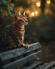 Poster - A Bengal cat perched on a bench during golden hour, surrounded by soft, blurred foliage.