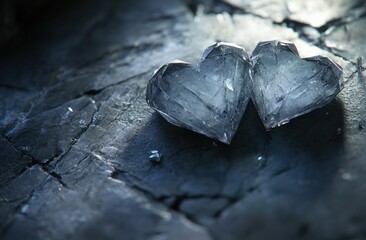 Fototapete - Two crystal heart shapes resting on a dark, textured surface, evoking love and emotion.