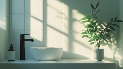 Poster - A serene bathroom scene featuring a sink, plant, and soft shadows.