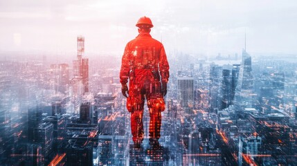 Poster - A worker in a safety helmet stands atop a cityscape, blending human and urban elements.