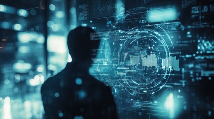 Fototapete - A silhouette of a person interacting with a digital interface of data and technology.