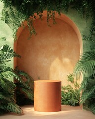 Aufkleber - A serene space featuring a cylindrical pedestal surrounded by lush greenery and warm tones.