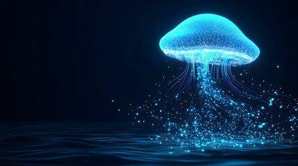 Wall Mural - Glowing blue jellyfish in dark water. Abstract, digital art. Perfect for backgrounds, websites, and design projects.