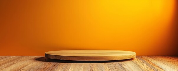 Wall Mural - A wooden platform on a rustic surface against a warm orange backdrop, ideal for displays or presentations.